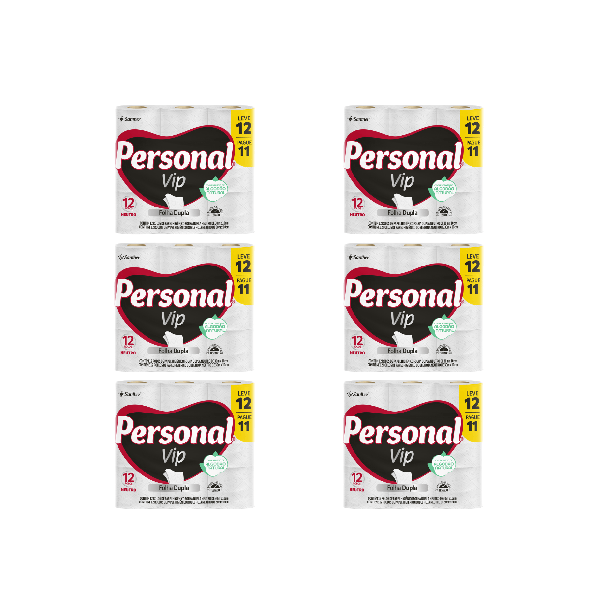 Papel Higiênico Folha Dupla Compacto Leve 12 Pague 11 6x12 Personal Vip